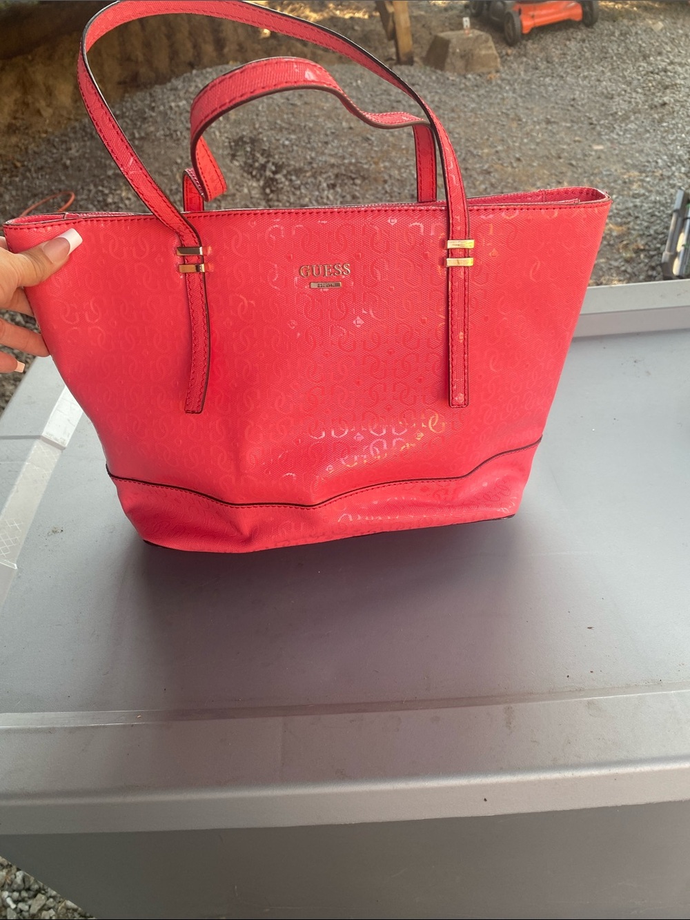 GUESS Coral-Red Logo Tote with Gold Accents